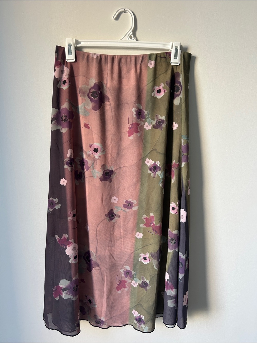 Floral Ombre Maxi Skirt in Pink and Olive with Purple Accents